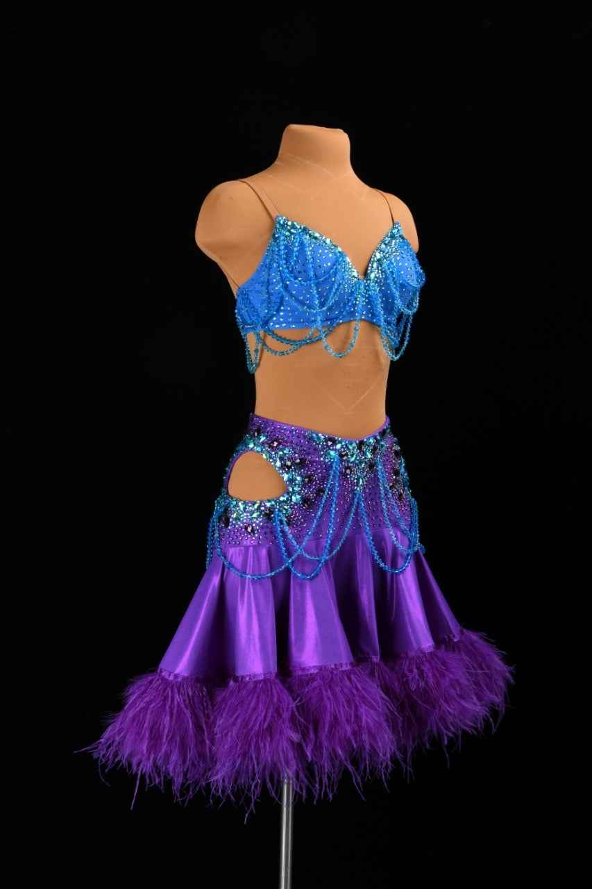 MINEJAS.L054 Blue Purple Feather Latin Salsa Competition Costume