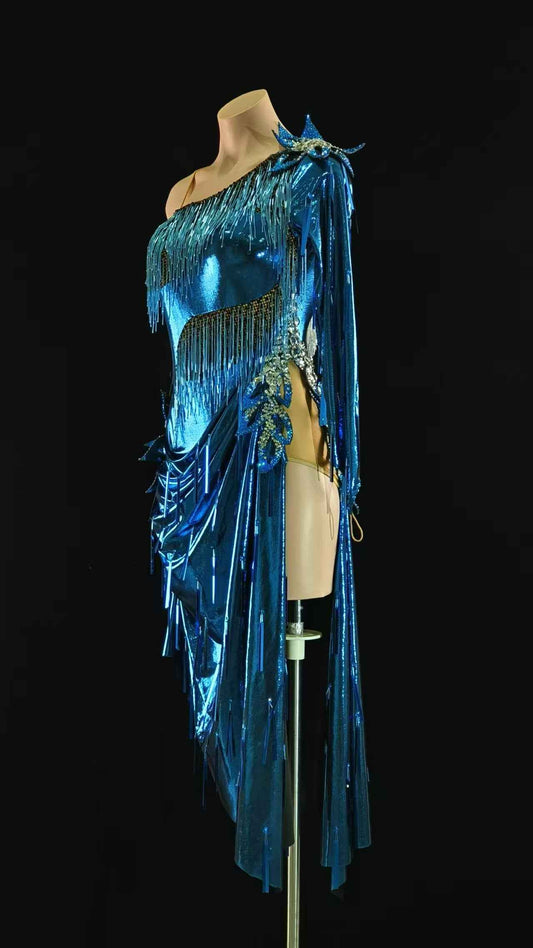 MINEJAS.L95 Blue Metallic Fringe Latin Dance Dress