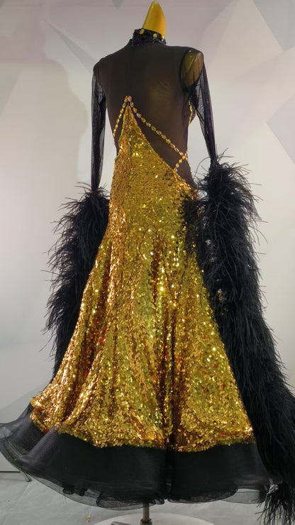 PERMINO.B038F Gold Sequin Black Feather Ballroom Competition Dance Dress for Women - Mine·Jas