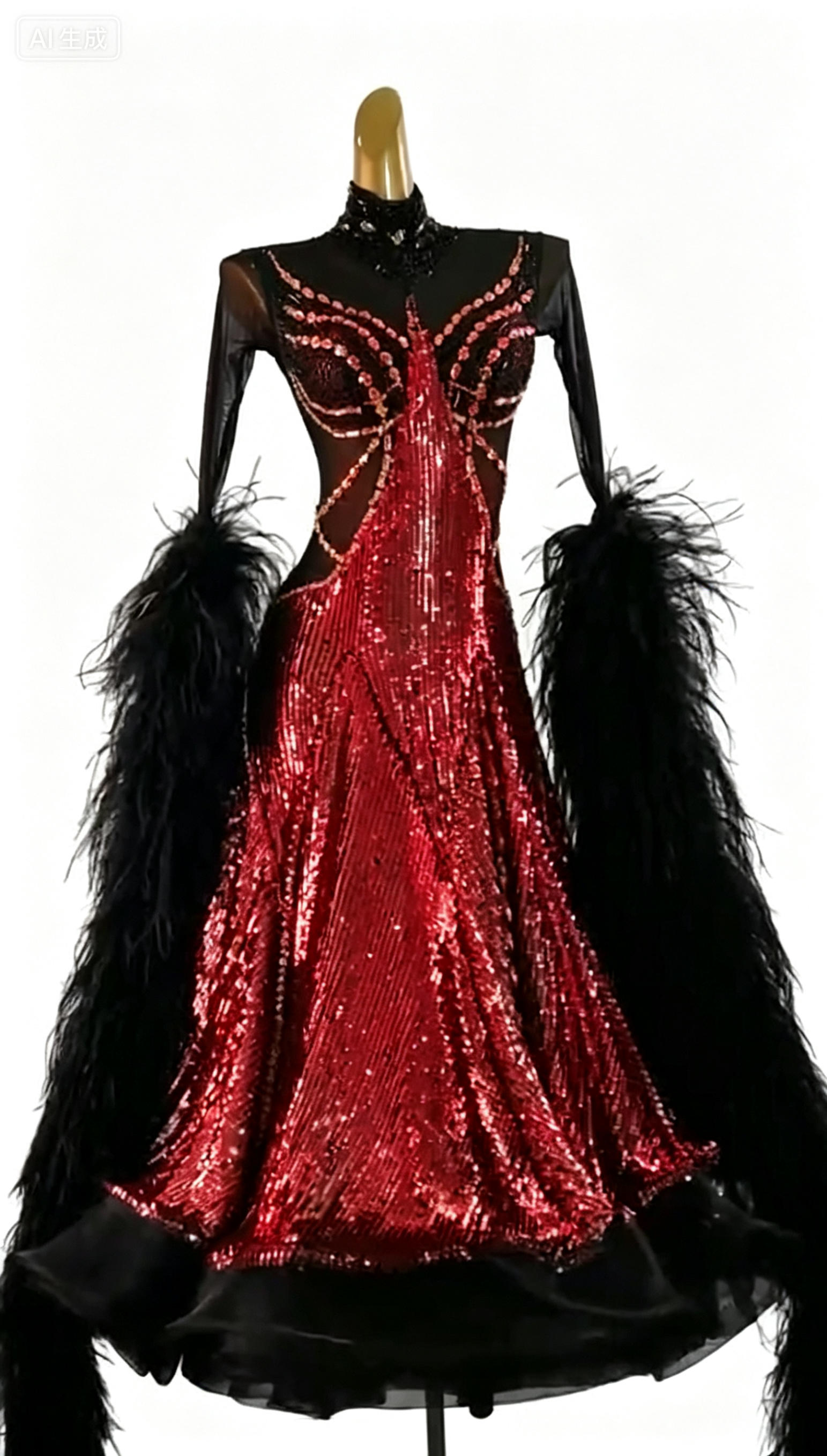 MINEJAS.B038F Gold Sequin Black Feather Ballroom Competition Dance Dress for Women - Mine·Jas