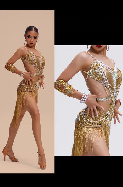 gold latin dance dress Champagne Gold Fringe Latin dress Rhythm Dress L0073