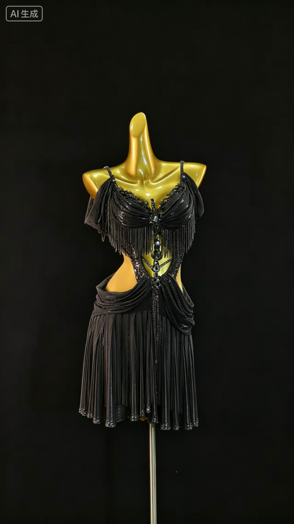 MINEJAS.L519 Silver White Cutout Latin Dance Dress with Fringe & Rhinestones | Custom Rhythm Competition Wear