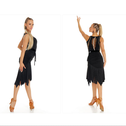 DUYQ [Polina-2] 006 Drawstring Fringe Half Skirt, National Standard Women's Latin Dance Practice & Performance Costume