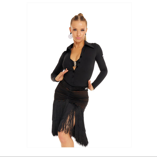 DUYQ [Polina-2] 009 V-Neck One-Piece Collared Long-Sleeve Top, National Standard Women's Latin Dance Practice Costume