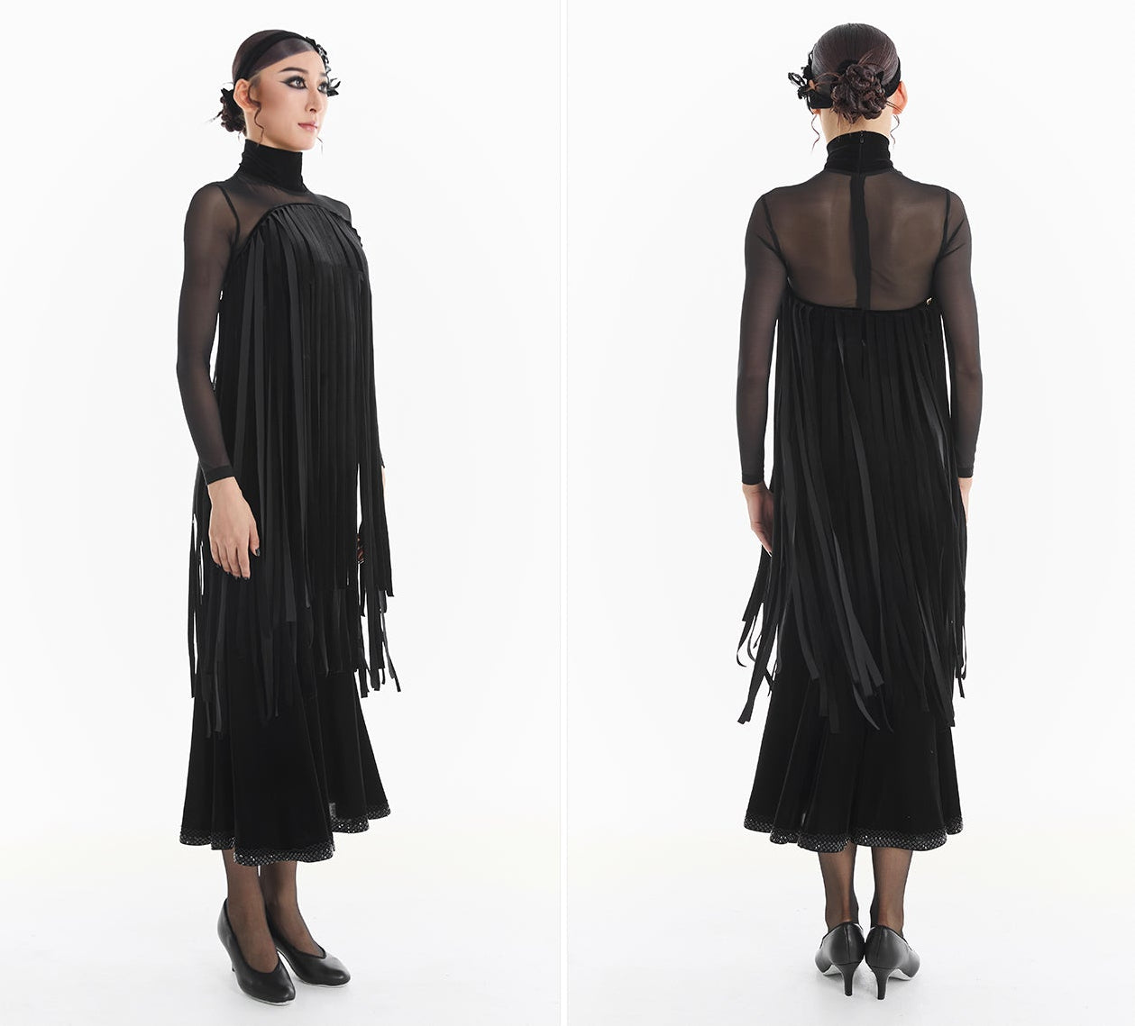 DUYQ [Midnight Star] 001 Ballroom Black Velvet Fringe Bodysuit – Professional Ballroom Practice Wear - Mine·Jas