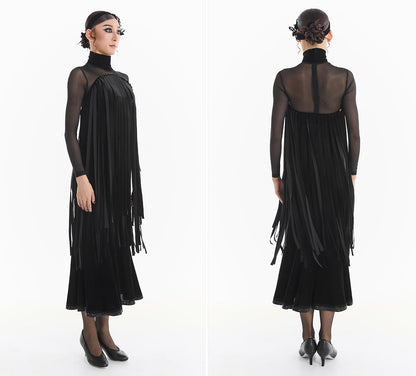 DUYQ [Midnight Star] 001 Ballroom Black Velvet Fringe Bodysuit – Professional Ballroom Practice Wear - Mine·Jas