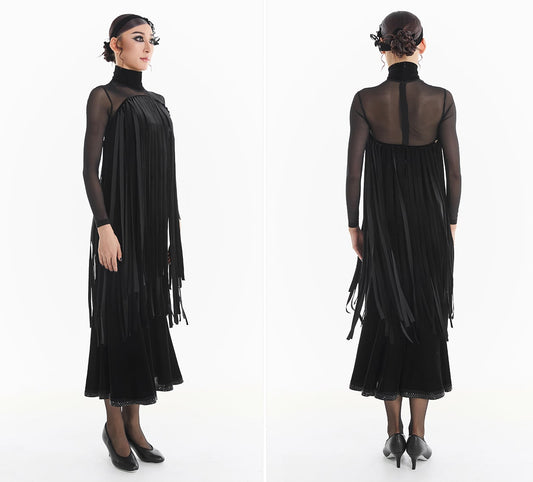 DUYQ [Midnight Star] 001 Ballroom Black Velvet Fringe Bodysuit – Professional Ballroom Practice Wear - Mine·Jas