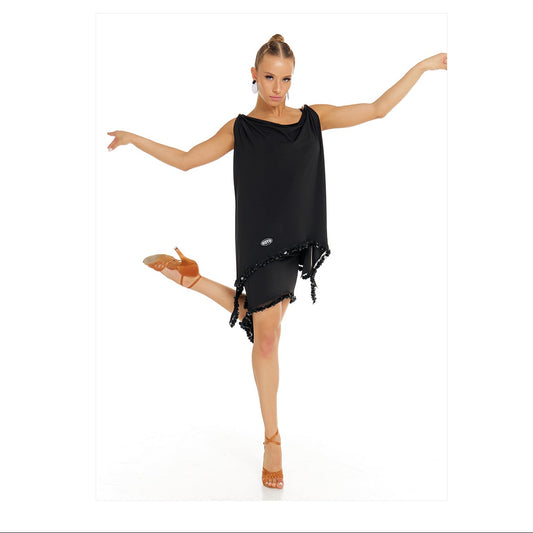 Dancer in a black outfit with DESIGN' branding on a white background