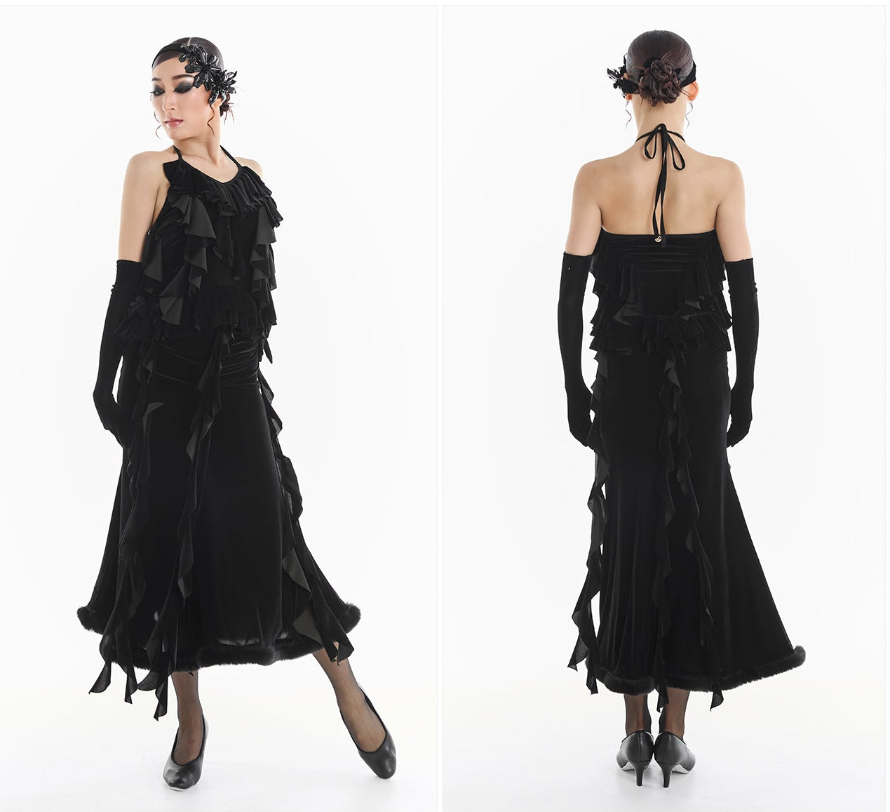 DUYQ [Midnight Star] 006 Ballroom Black Velvet Trim Skirt – Ballroom Performance Wear - Mine·Jas