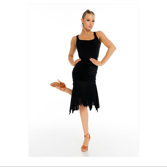 DUYQ [Polina-2] 006 Drawstring Fringe Half Skirt, National Standard Women's Latin Dance Practice & Performance Costume