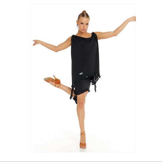DUYQ [Polina-2] 015 Black Asymmetric Double-Shoulder Tie Top, National Standard Women's Latin Dance Costume