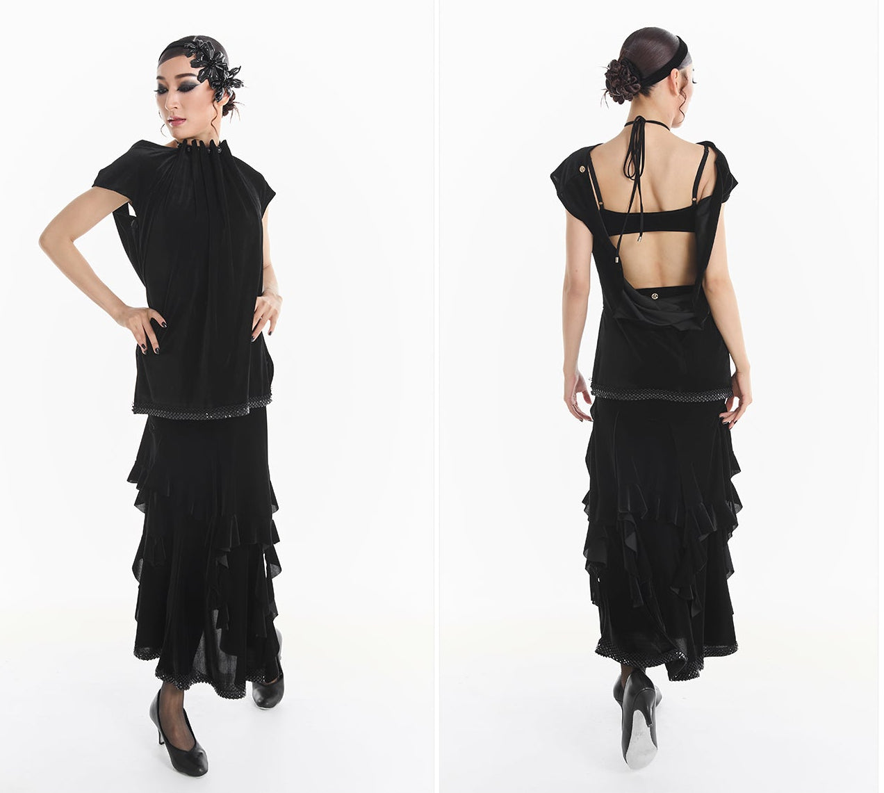DUYQ [Midnight Star] 011 Ballroom Velvet Gathered Neck Top – Professional Ballroom Practice Wear - Mine·Jas