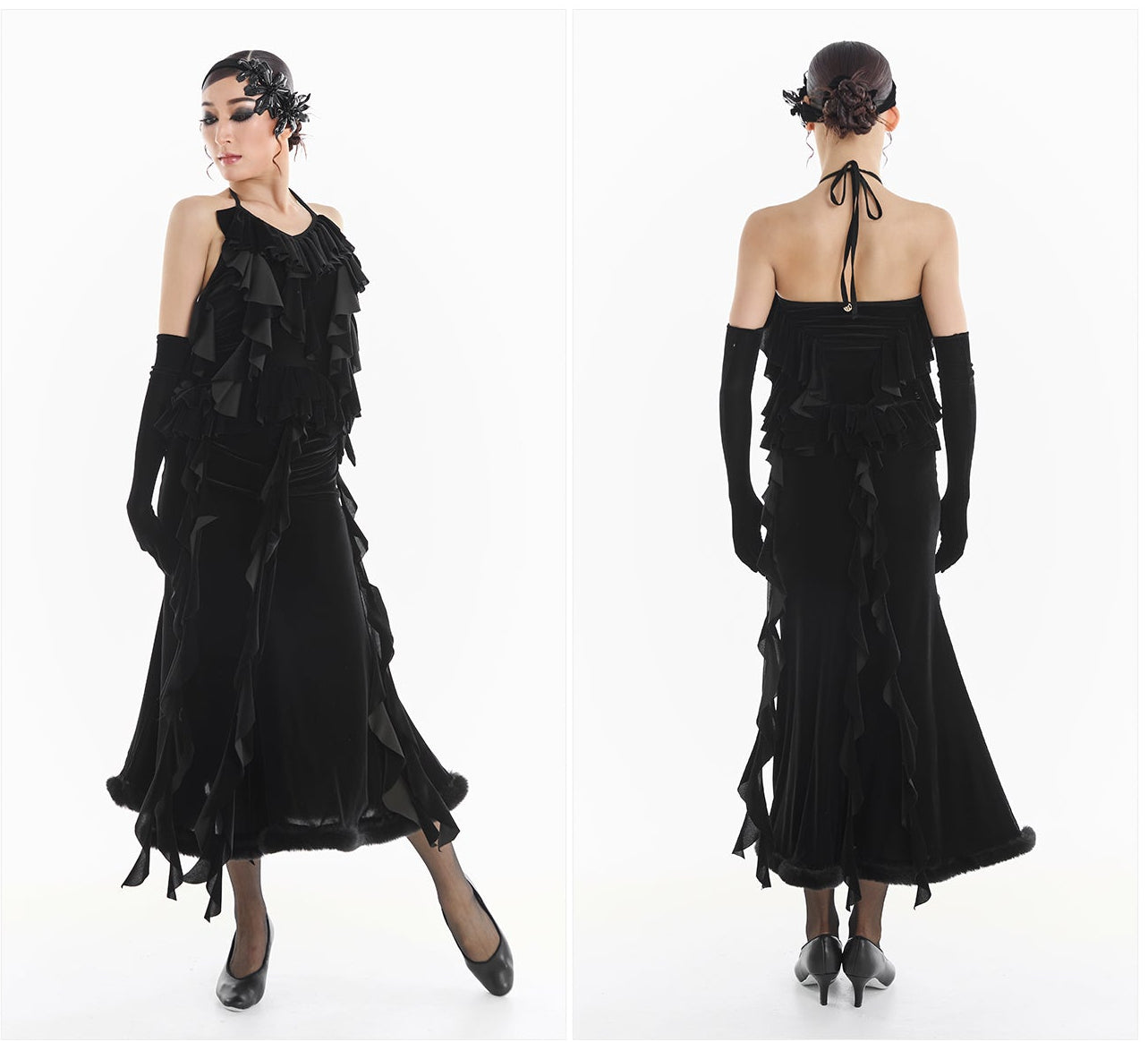 DUYQ [Midnight Star] 005 Ballroom Black Velvet Waterfall Tie-Up Top – Professional Ballroom Practice Wear - Mine·Jas