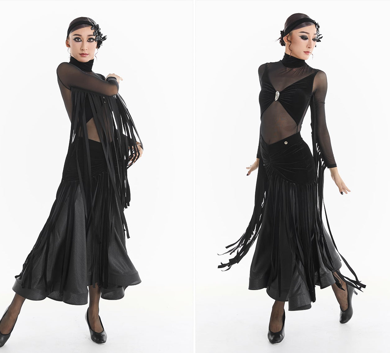 DUYQ [Midnight Star] 017 Ballroom Velvet Mesh Patchwork Bodysuit – Professional Ballroom Practice Wear