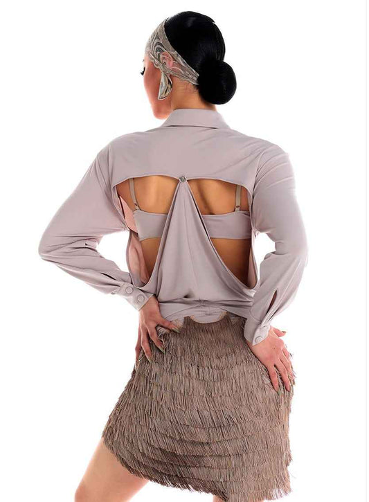 DUYQ 019 Lapel Diamond Trim Top for Latin Dance