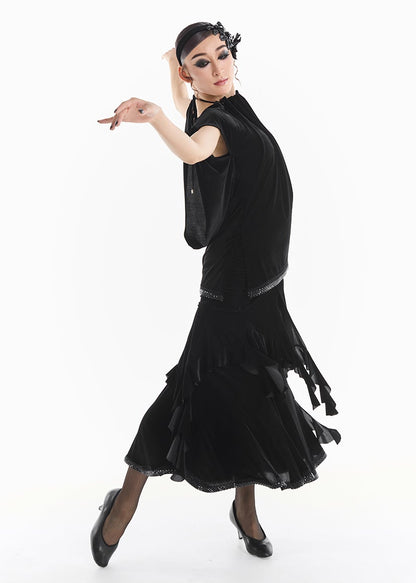 DUYQ [Midnight Star] 011 Ballroom Velvet Gathered Neck Top – Professional Ballroom Practice Wear - Mine·Jas