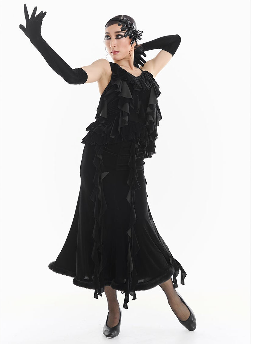 DUYQ [Midnight Star] 005 Ballroom Black Velvet Waterfall Tie-Up Top – Professional Ballroom Practice Wear - Mine·Jas