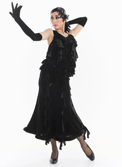 DUYQ [Midnight Star] 005 Ballroom Black Velvet Waterfall Tie-Up Top – Professional Ballroom Practice Wear - Mine·Jas