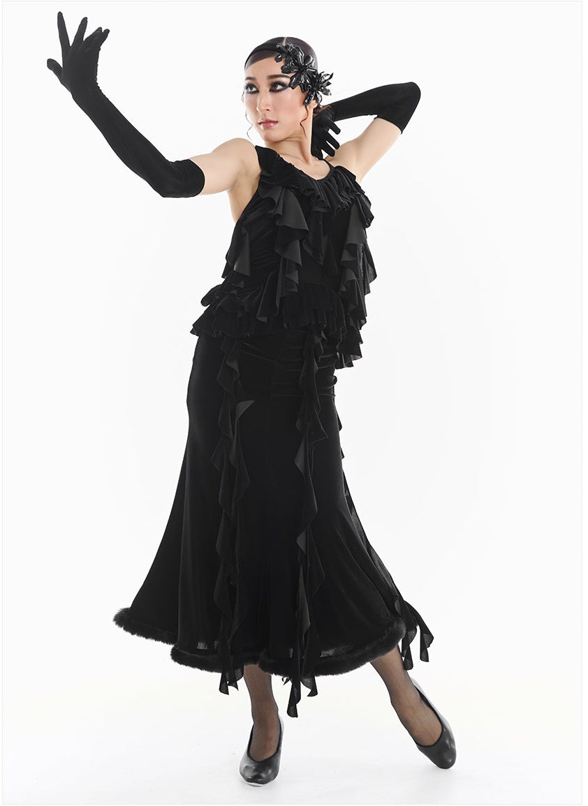 DUYQ [Midnight Star] 006 Ballroom Black Velvet Trim Skirt – Ballroom Performance Wear - Mine·Jas