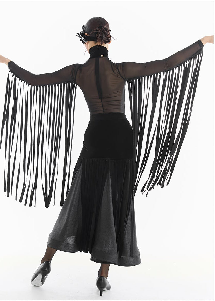 DUYQ [Midnight Star] 017 Ballroom Velvet Mesh Patchwork Bodysuit – Professional Ballroom Practice Wear