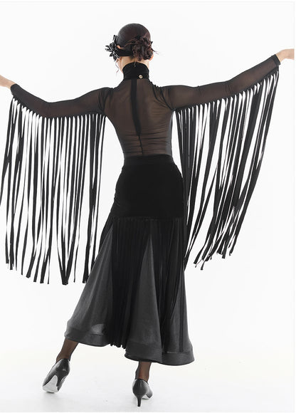 DUYQ [Midnight Star] 017 Ballroom Velvet Mesh Patchwork Bodysuit – Professional Ballroom Practice Wear