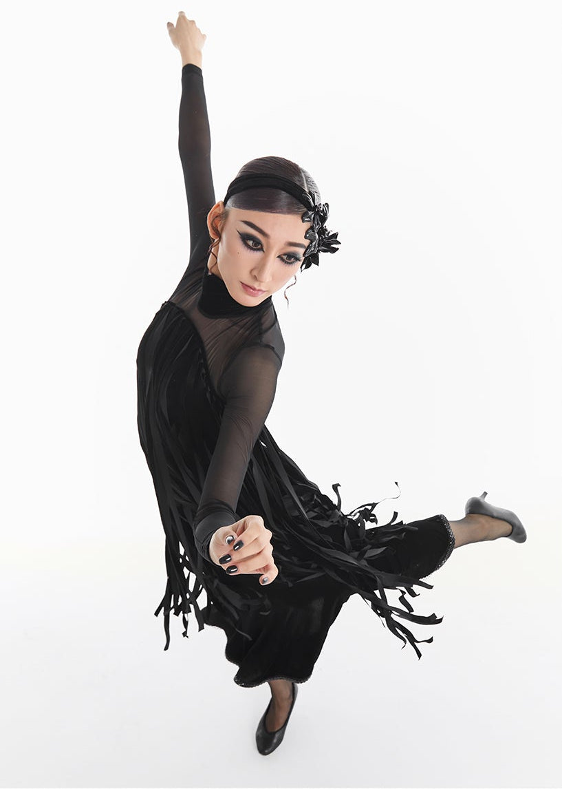 DUYQ [Midnight Star] 001 Ballroom Black Velvet Fringe Bodysuit – Professional Ballroom Practice Wear - Mine·Jas