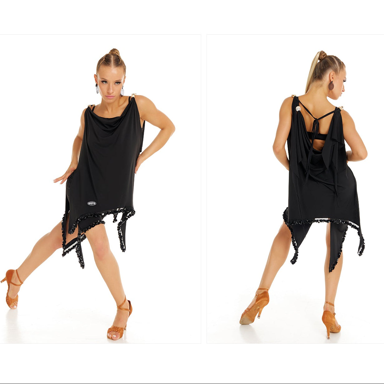Black dress with tassels worn by a model on a white background, featuring the brand 'DUQY DESIGN'.