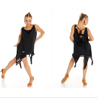 Black dress with tassels worn by a model on a white background, featuring the brand 'DUQY DESIGN'.