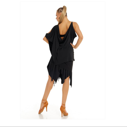 DUYQ [Polina-2] 017 Black Original Double-Shoulder Top, Professional National Standard Women's Latin Dance Practice Costume