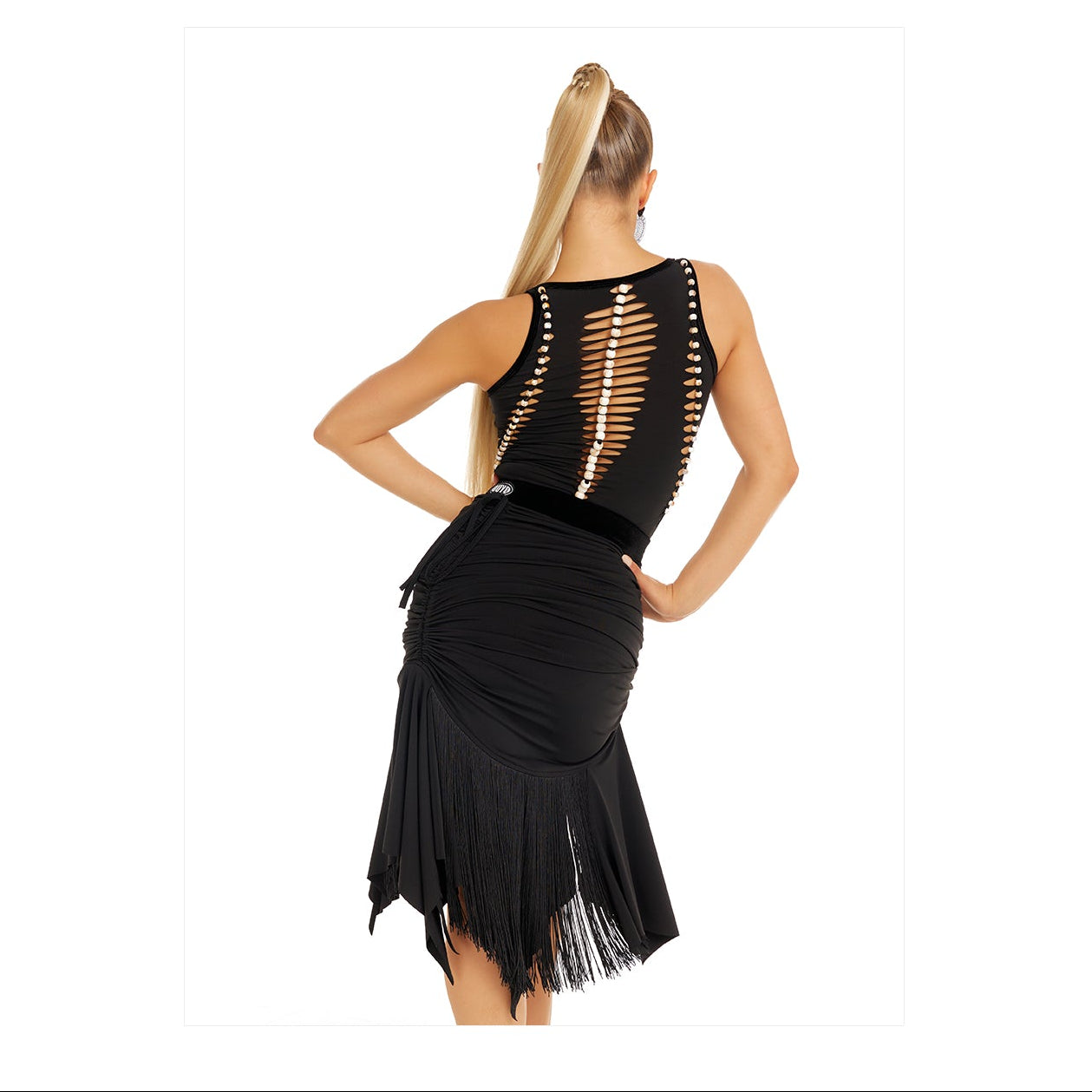 DUYQ [Polina-2] 006 Drawstring Fringe Half Skirt, National Standard Women's Latin Dance Practice & Performance Costume