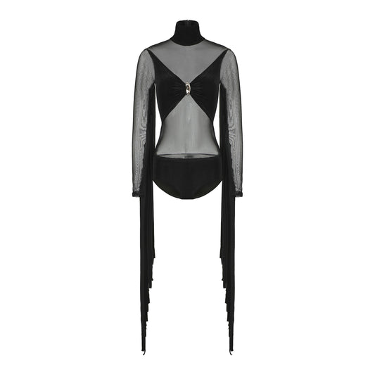 DUYQ [Midnight Star] 017 Ballroom Velvet Mesh Patchwork Bodysuit – Professional Ballroom Practice Wear