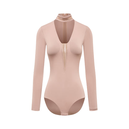 DUYQ Twin Blossom Ballroom 014 Deep V Long Sleeve Leotard – Women’s Ballroom Class & Performance Wear