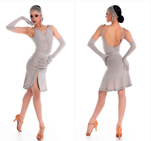 DUYQ 012 Lapel Diamond Trim Skirt for Latin Dance