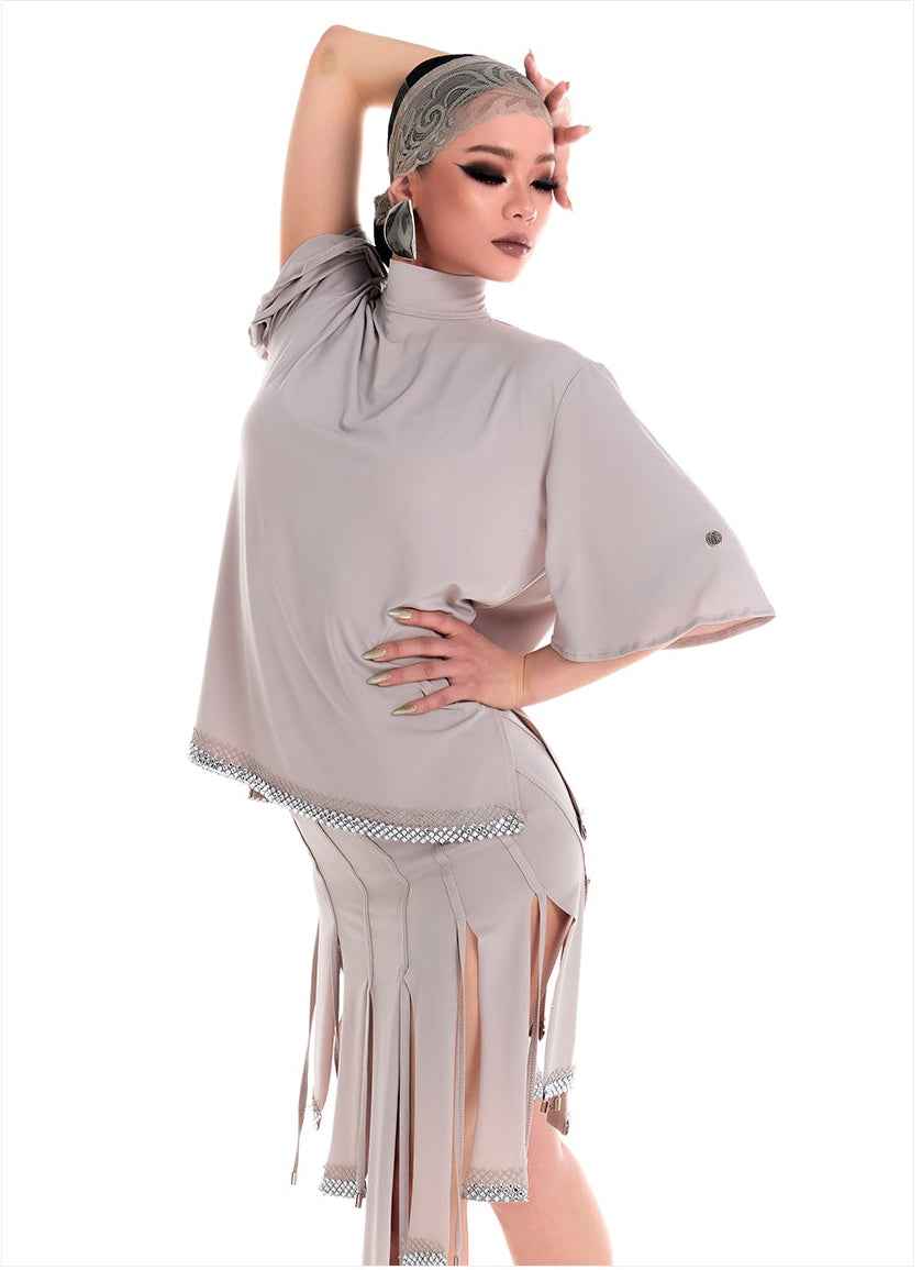 DUYQ 004 Lapel Diamond Trim Skirt for Latin Dance