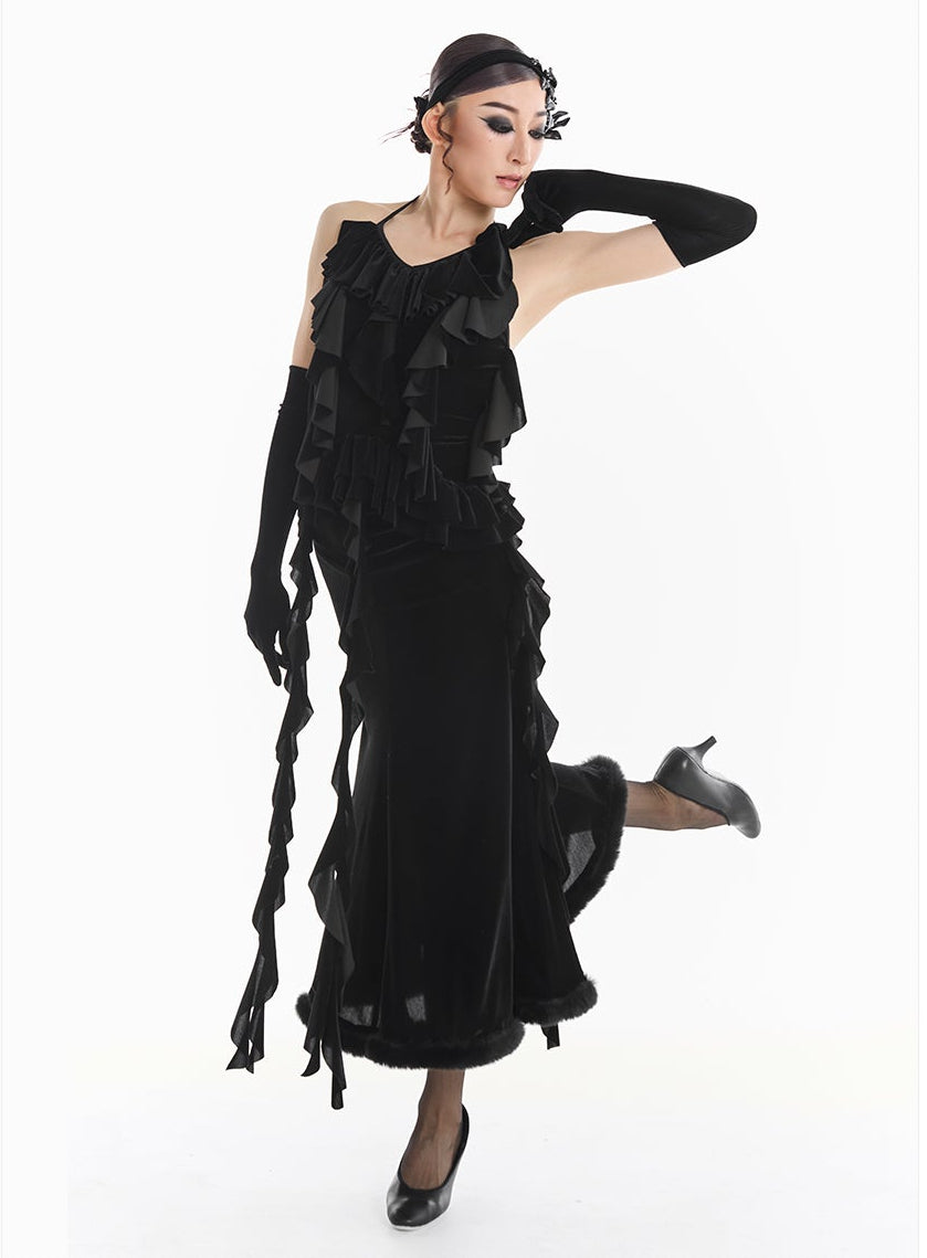 DUYQ [Midnight Star] 005 Ballroom Black Velvet Waterfall Tie-Up Top – Professional Ballroom Practice Wear - Mine·Jas