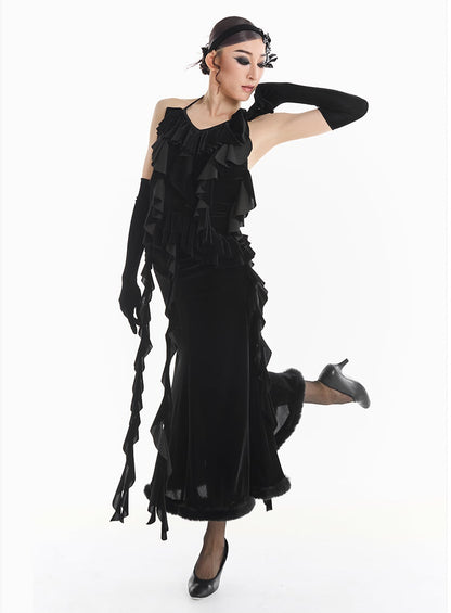 DUYQ [Midnight Star] 005 Ballroom Black Velvet Waterfall Tie-Up Top – Professional Ballroom Practice Wear - Mine·Jas