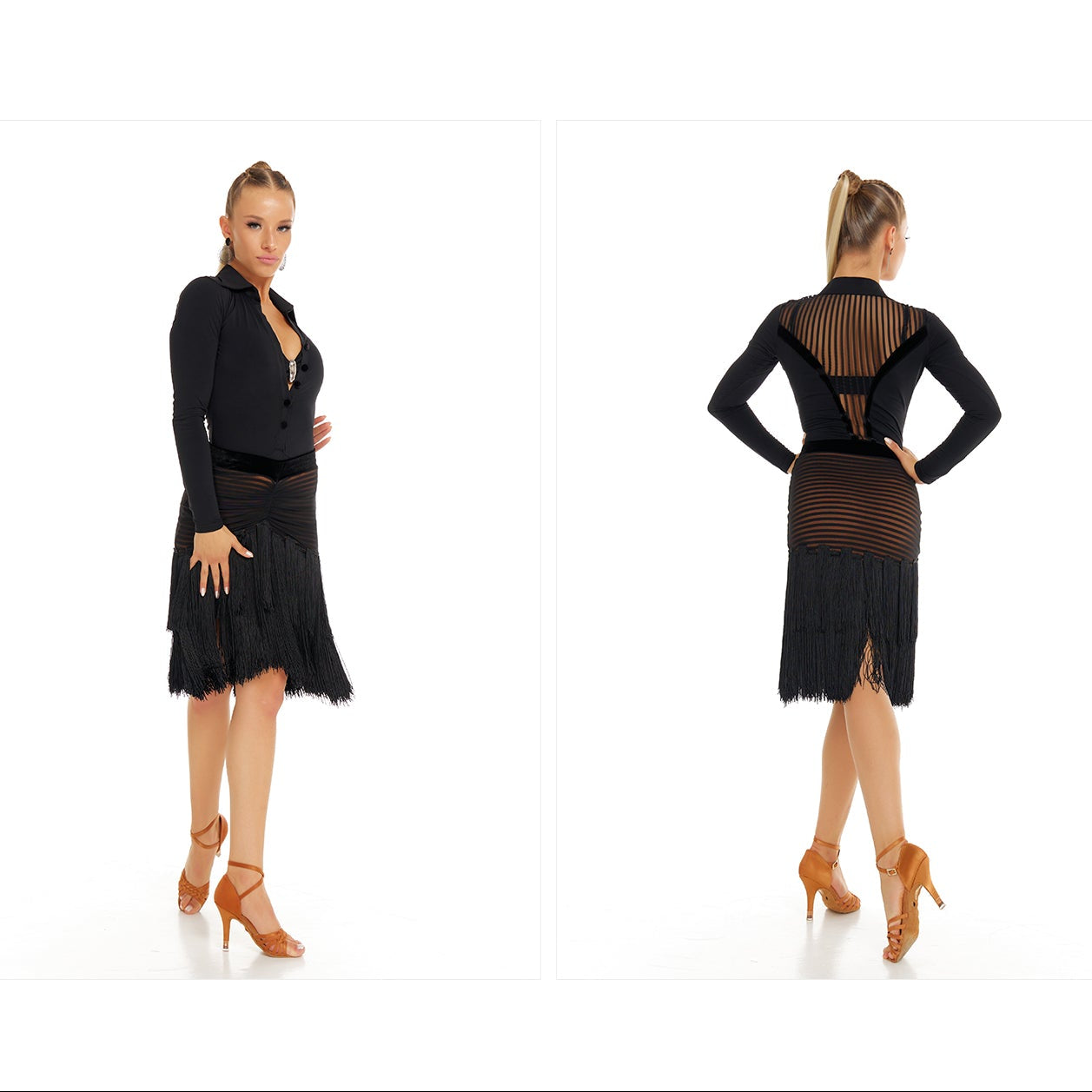 DUYQ [Polina-2] 009 V-Neck One-Piece Collared Long-Sleeve Top, National Standard Women's Latin Dance Practice Costume