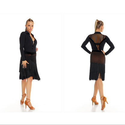 DUYQ [Polina-2] 009 V-Neck One-Piece Collared Long-Sleeve Top, National Standard Women's Latin Dance Practice Costume