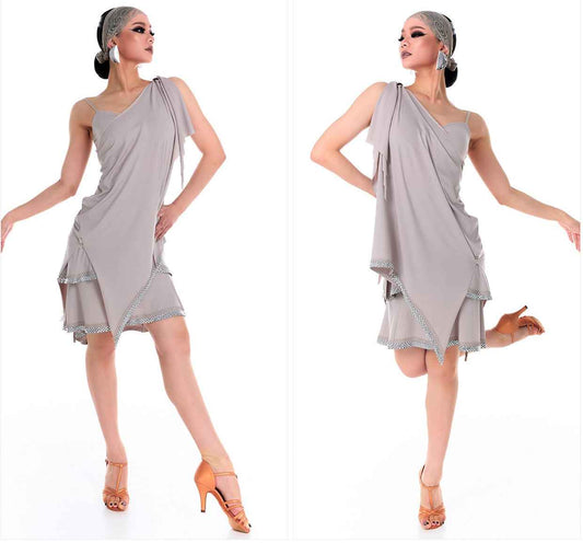 DUYQ 016 Lapel Diamond Trim Skirt for Latin Dance