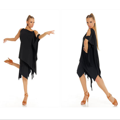 DUYQ [Polina-2] 017 Black Original Double-Shoulder Top, Professional National Standard Women's Latin Dance Practice Costume