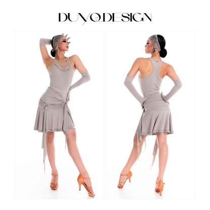 DUYQ 014 Lapel Diamond Trim Skirt for Latin Dance