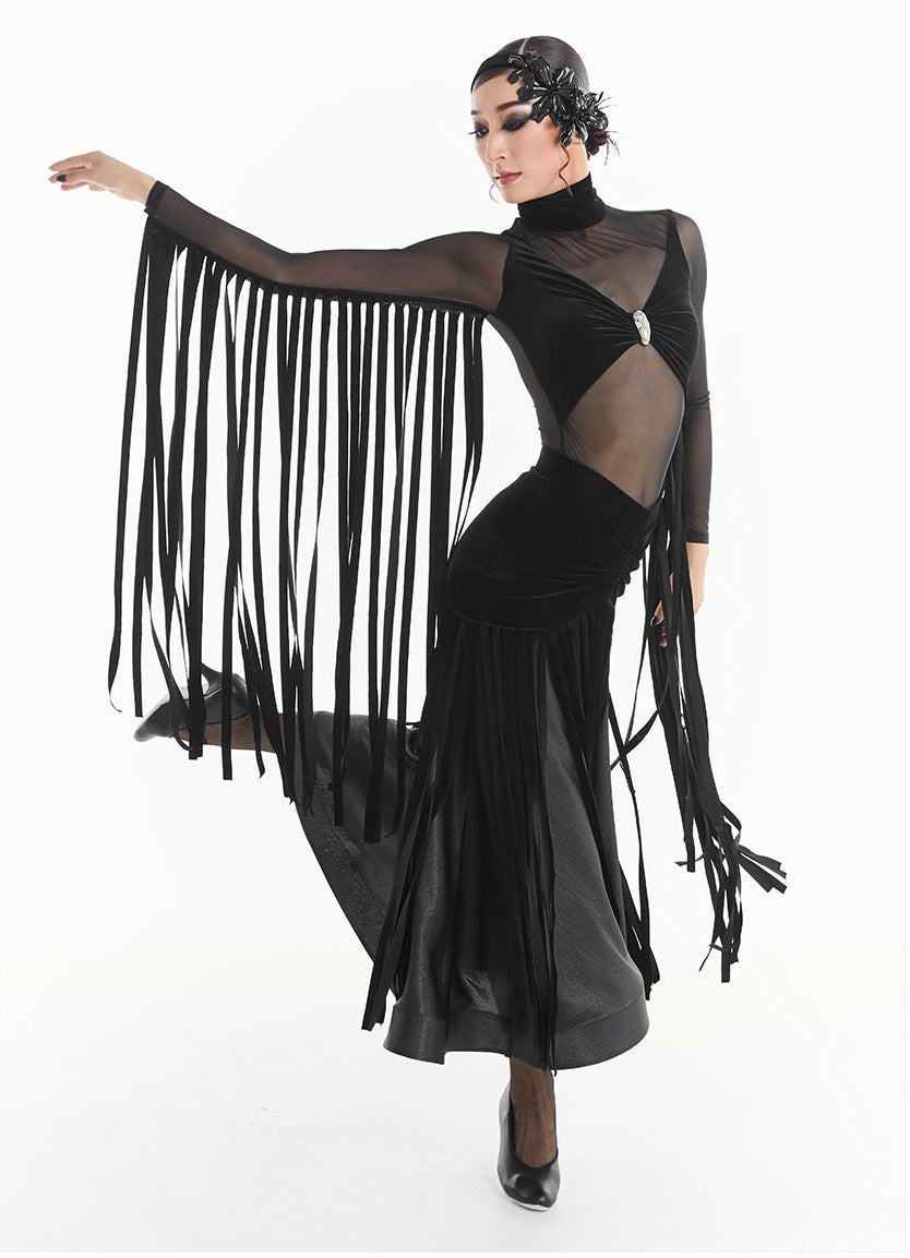 DUYQ [Midnight Star] 018 Ballroom Velvet Fringe Long Skirt – Professional Ballroom Practice Wear