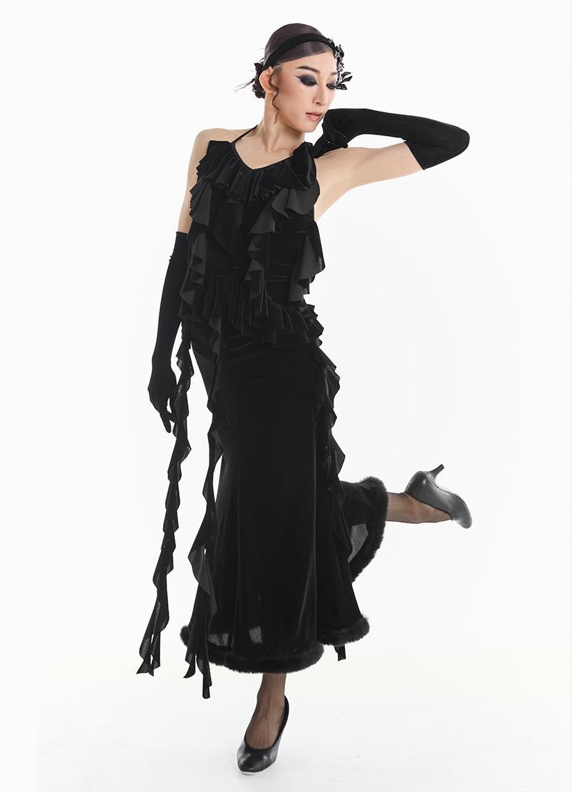 DUYQ [Midnight Star] 006 Ballroom Black Velvet Trim Skirt – Ballroom Performance Wear - Mine·Jas