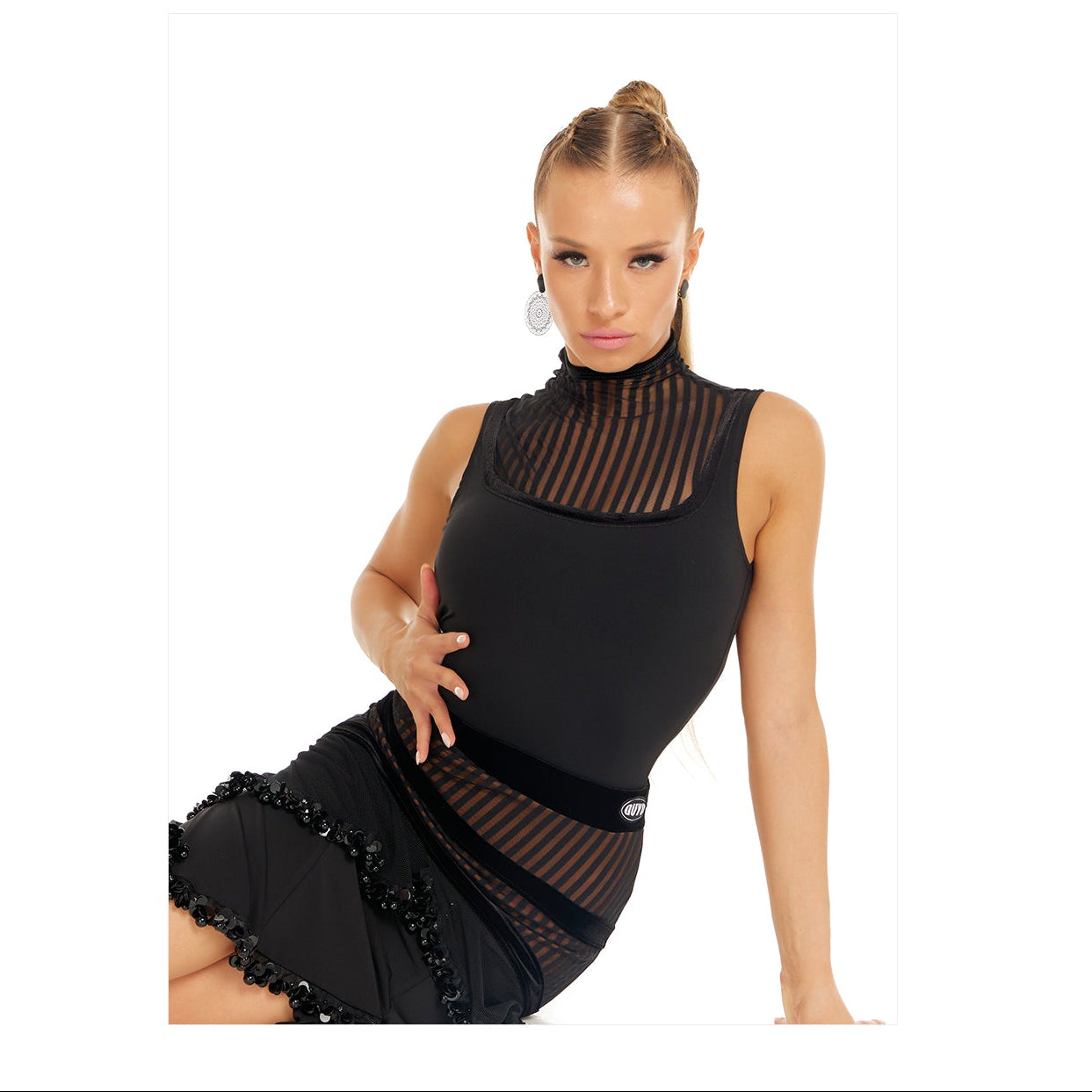 DUYQ [Polina-2] 003 Sleeveless Mock Neck Bodysuit, National Standard Women's Latin Dance Practice & Performance Costume