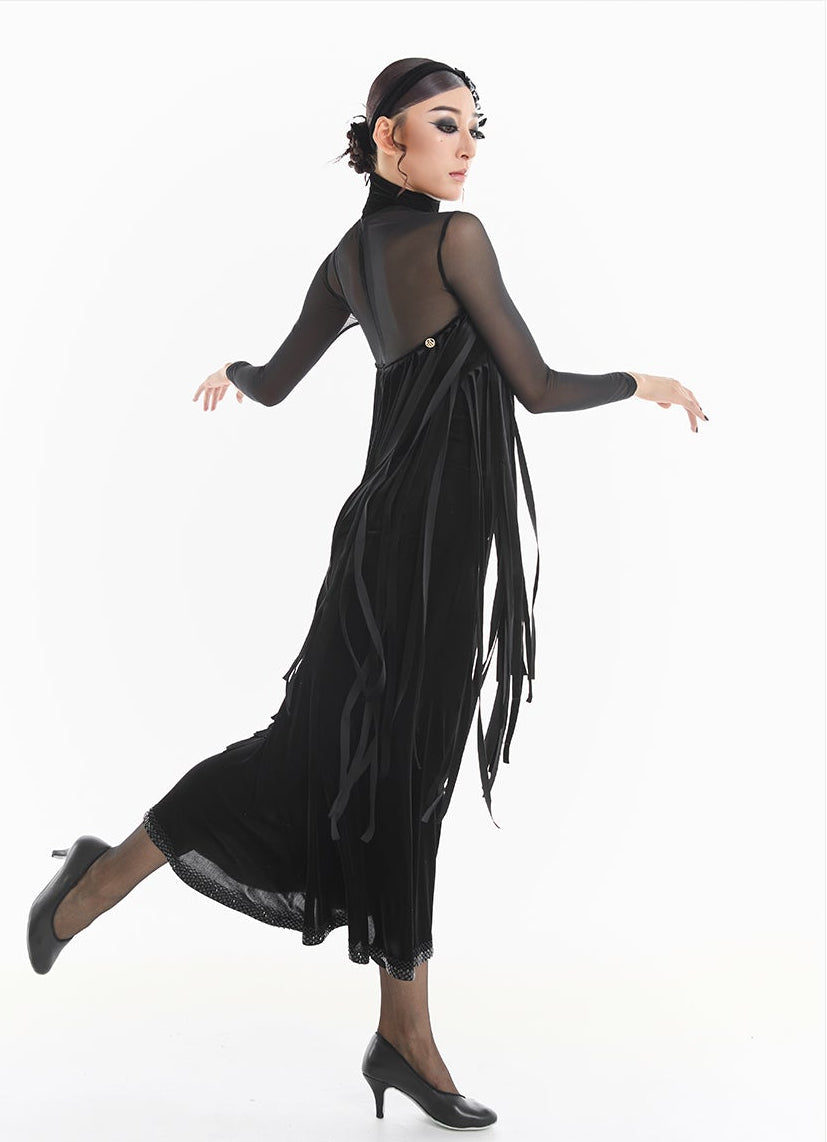 DUYQ [Midnight Star] 001 Ballroom Black Velvet Fringe Bodysuit – Professional Ballroom Practice Wear - Mine·Jas