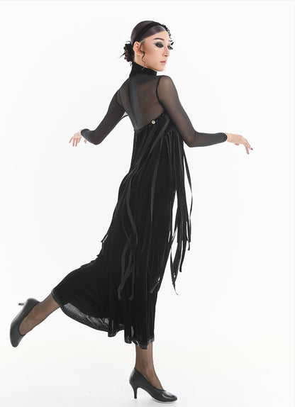 DUYQ [Midnight Star] 001 Ballroom Black Velvet Fringe Bodysuit – Professional Ballroom Practice Wear - Mine·Jas