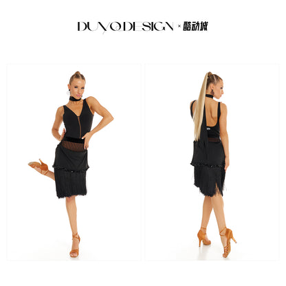DUYQ [Polina-2] 001 Basic Style Black Leotard, National Standard Women's Latin Dance Practice & Performance Costume