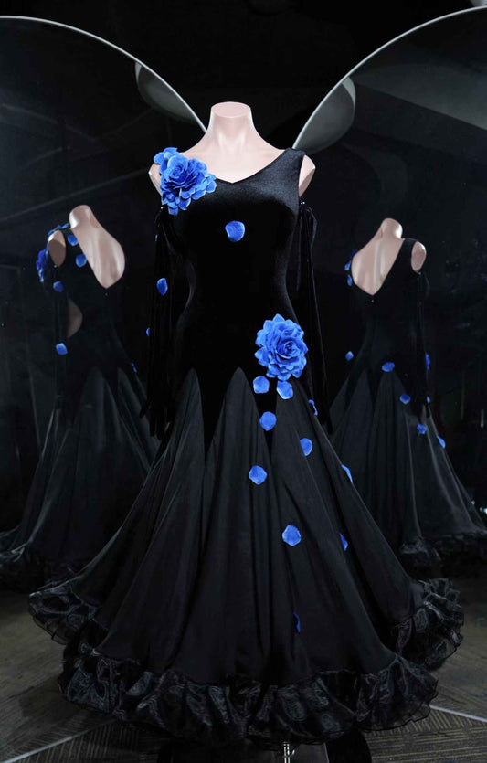 PEI.B013 Black Blue Rose Ballroom Performance Dress