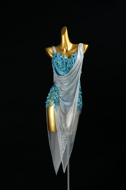 MINEJAS.F1726 Sky Blue & Silver Elegant Latin Dance Dress - Mine·Jas
