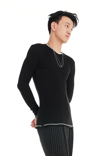 DUYQ "Black and White" Men's 009 Small Crew Neck Long Sleeve Versatile Single Product National Standard Latin Dance Practice Suit